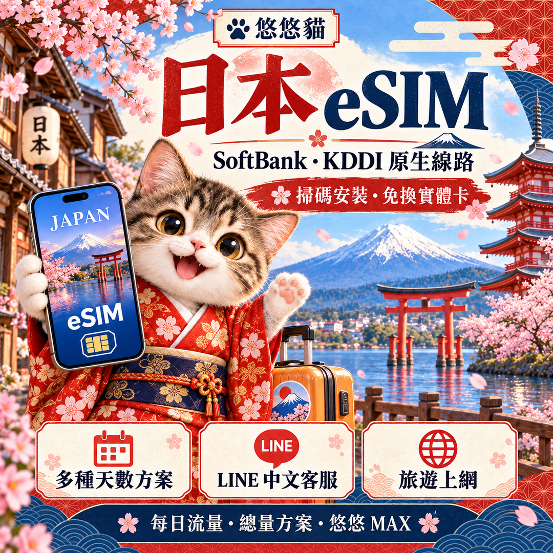 悠悠貓日本 eSIM｜SoftBank・KDDI 原生線路，和服貓咪與富士山（20261001 和風新版）